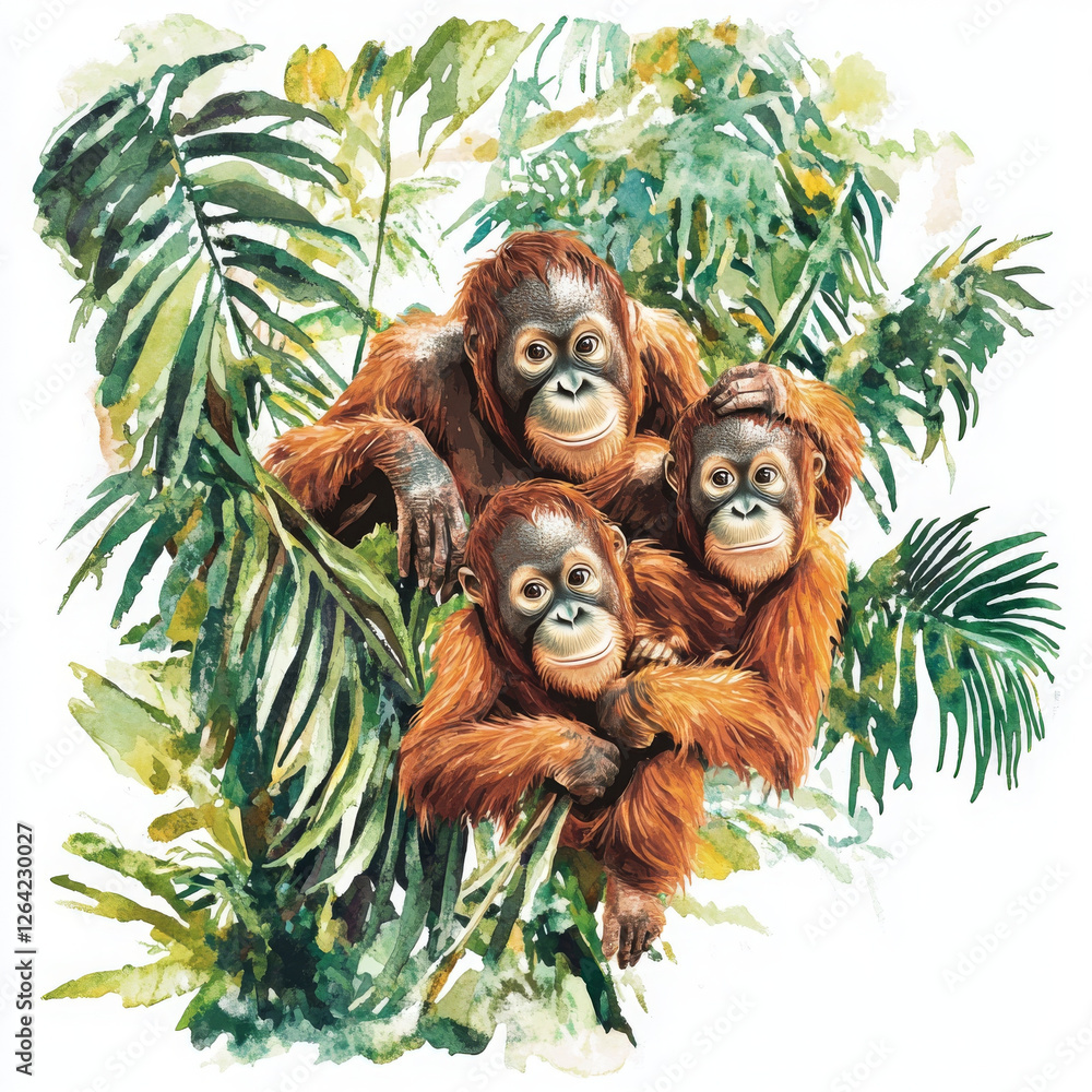 Obraz premium Orangutan family nested in lush foliage, peaceful vibe