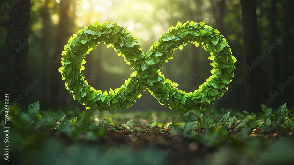 Green infinity symbol made of leaves in forest. Green infinity symbol made of leaves in forest.
