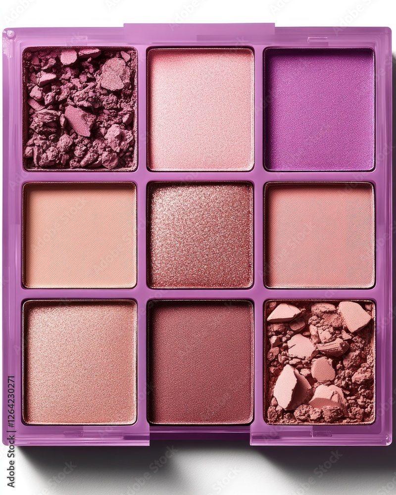 A purple eyeshadow palette with six different shades of pink and purple eyeshadows. Some eyeshadows are slightly crumbled. A purple eyeshadow palette with six different shades of pink and purple eyeshadows. Some eyeshadows are slightly crumbled.