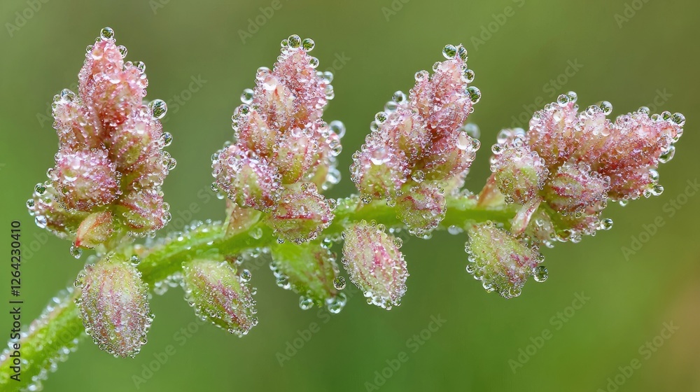 Close-up of dew-covered flowers in a garden, with a natural green background and copy space for text. Close-up of dew-covered flowers in a garden, with a natural green background and copy space for text.
