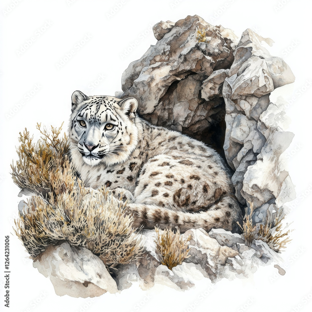 Snow leopard realistic boho style water illustration feels safe and calm Snow leopard realistic boho style water illustration feels safe and calm