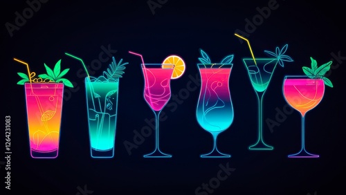 Vibrant Neon Cocktails Against Black Background
