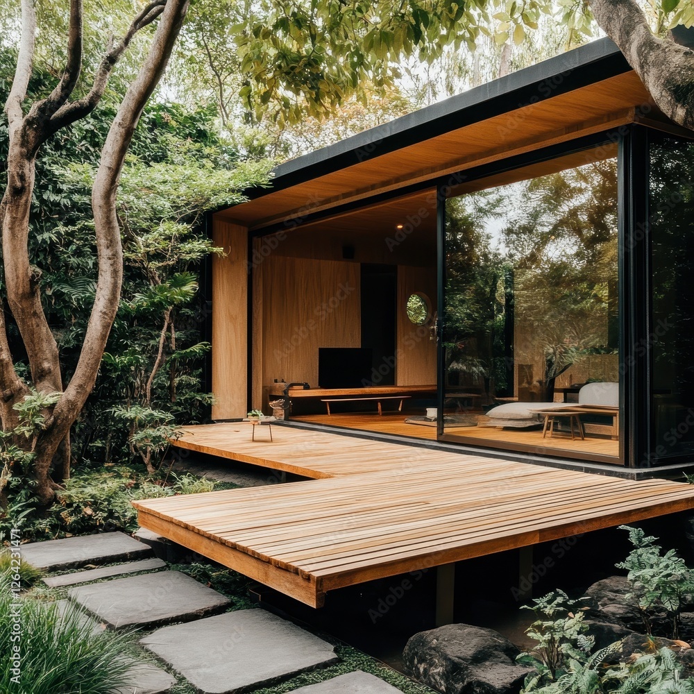 Modern minimalist cabin blending into a tranquil natural environment