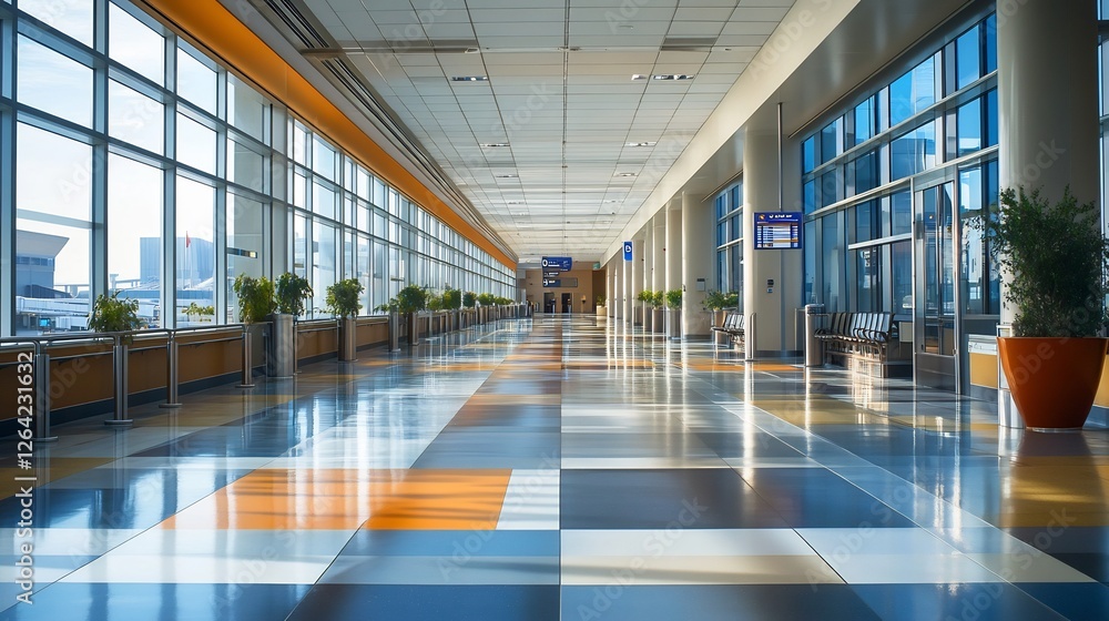 Airport Concourse: Serene Geometric Floor, Sunlit Windows Airport Concourse: Serene Geometric Floor, Sunlit Windows