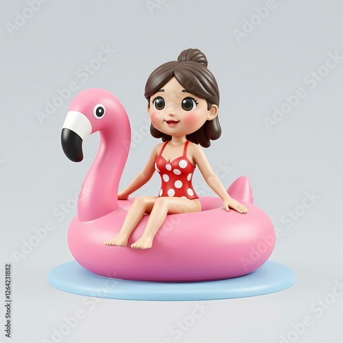 A cute figurine of girl sitting on pink flamingo float.