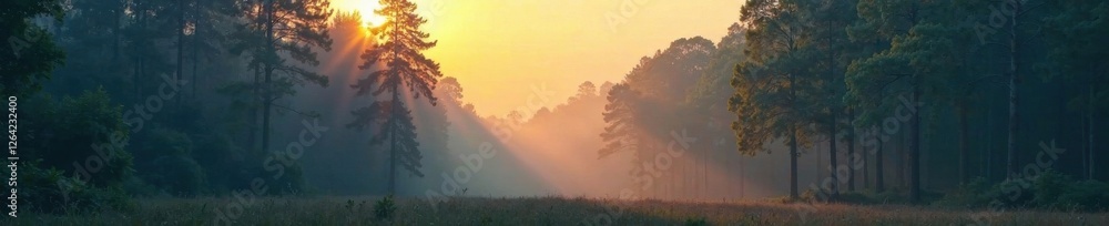 Naklejka premium Soft glow illuminates a misty forest with trees in the distance, blurred and indistinct , forest, mysterious, natural