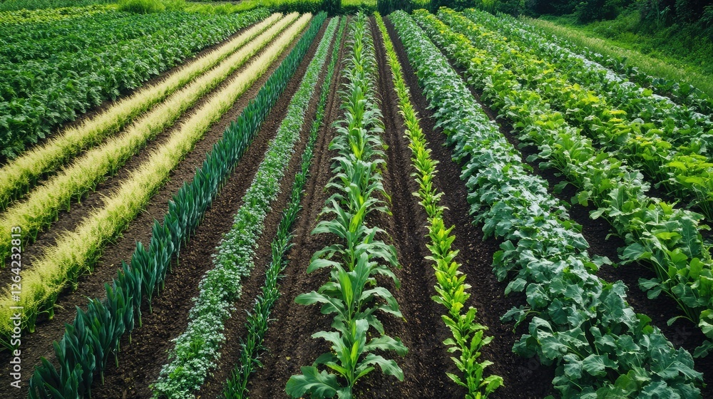 Aerial view of a farm practicing intercropping with tall and short crops planted together for mutual benefit. Aerial view of a farm practicing intercropping with tall and short crops planted together for mutual benefit.