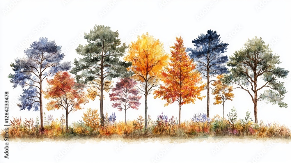 Fototapeta premium Watercolor Autumnal Trees in a Row Hand-Painted Aesthetic Forest Border with Colorful Foliage for Seasonal Designs and Botanical Illustrations