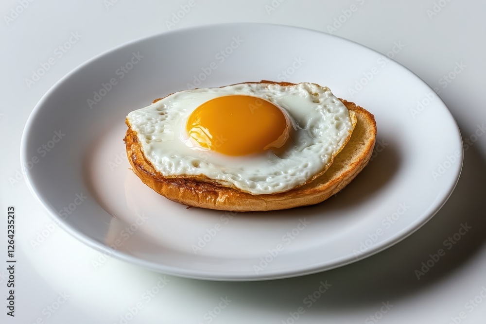 Freshly Cooked Fried Egg on a Delicious Toasted Bun Served on a Clean White Plate Freshly Cooked Fried Egg on a Delicious Toasted Bun Served on a Clean White Plate