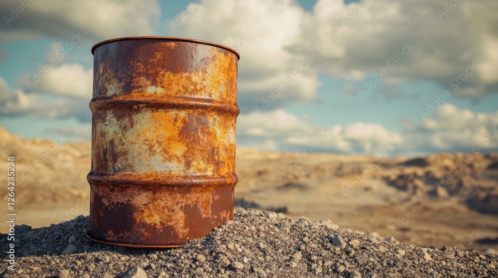 A close-up of a rusted, weathered oil drum on a construction site with dirt and gravel scattered around it. The drum is free from any logos, set against a cloudy sky. A close-up of a rusted, weathered oil drum on a construction site with dirt and gravel scattered around it. The drum is free from any logos, set against a cloudy sky.