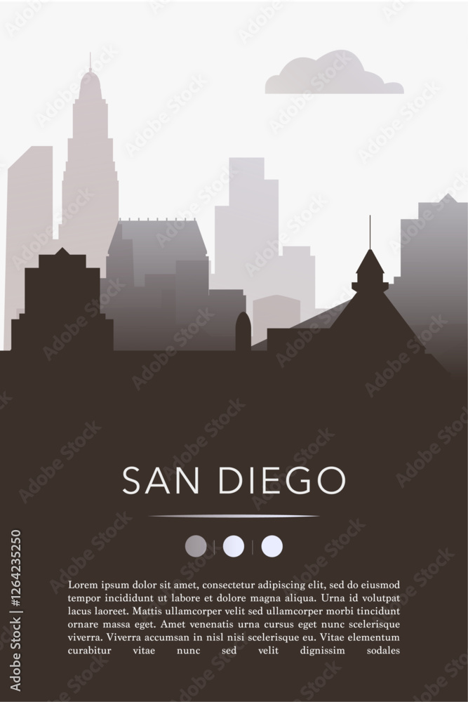 Naklejka premium San Diego city template for website, presentation, front page, invitation, publication sheet with skyline, landmarks. Vector California state, USA image layout, simple and grayscale