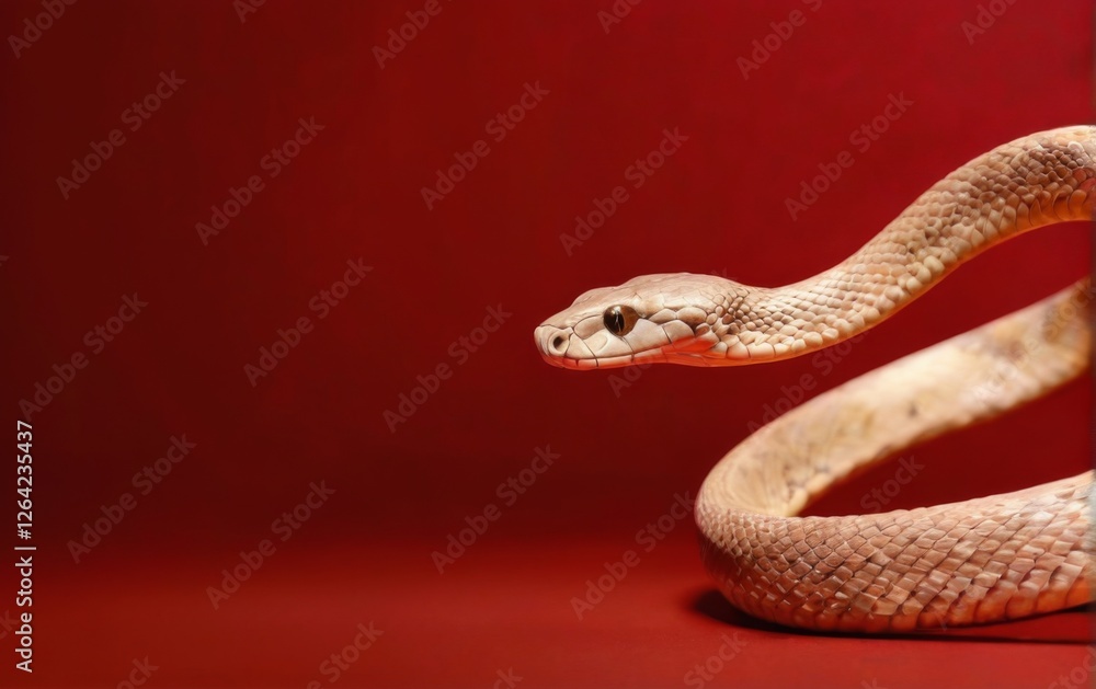 Fototapeta premium Closeup of a coiled snake on red background with goldenbrown textured body and visible eyes.
