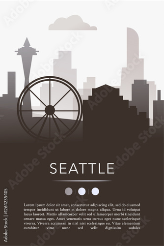 Seattle city template for website, presentation, front page, invitation, publication sheet with skyline, landmarks. Vector Washington state, USA image layout, simple and grayscale