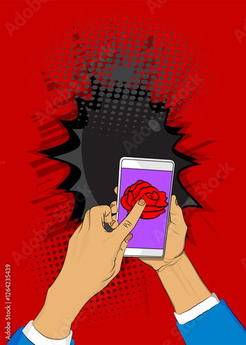 Cartoon Smartphone, comic book Telephone with Red Rose. Retro vector comics pop art design.