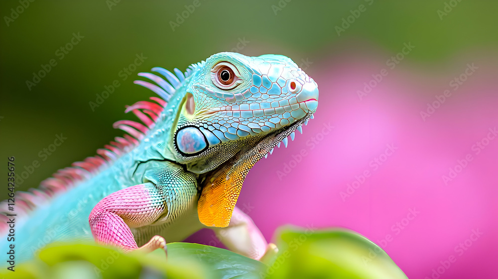 Fototapeta premium Blue iguana portrait, tropical garden, vibrant background, exotic pet