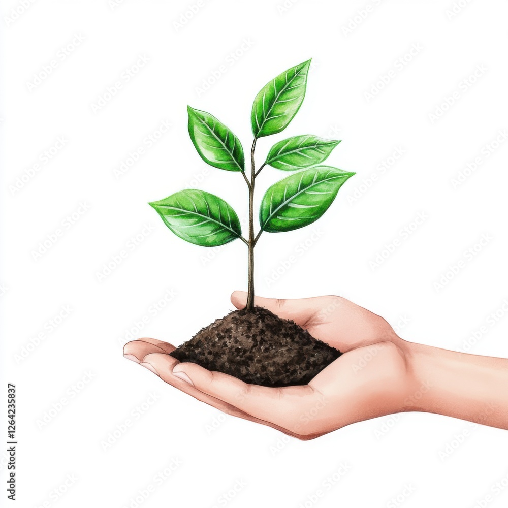 Hand Holding a Small Plant with Leaves and Soil, Symbolizing Growth and Environmental Care Hand Holding a Small Plant with Leaves and Soil, Symbolizing Growth and Environmental Care