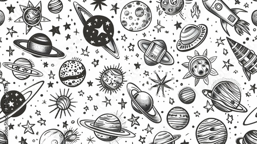 Wallpaper Mural A whimsical black and white illustration of planets, stars, and celestial bodies set against a light background Torontodigital.ca