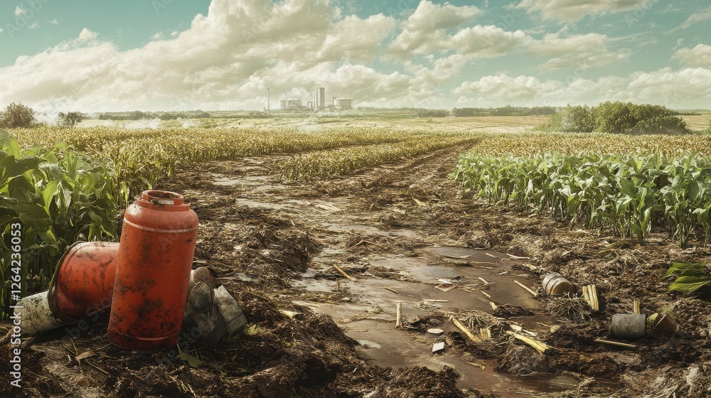Obraz premium A field of damaged crops with chemical containers discarded nearby, emphasizing the impact of pollution on agriculture and the environment.