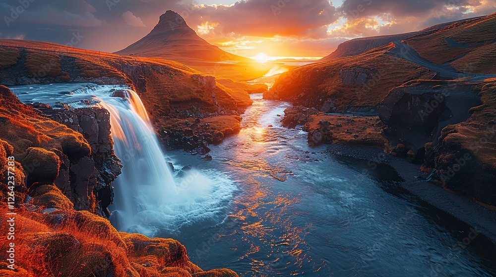 Fototapeta premium Dramatic view waterfall near mountain at sunset 