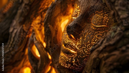 Close-up of a glowing traditional artifact carved into a surreal tree, illuminated by cinematic golden light photo