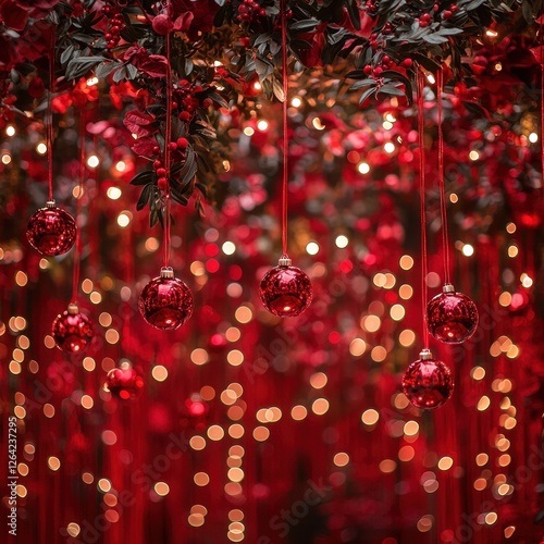 Red Christmas Ornaments Hanging Amidst Festive Lights photo