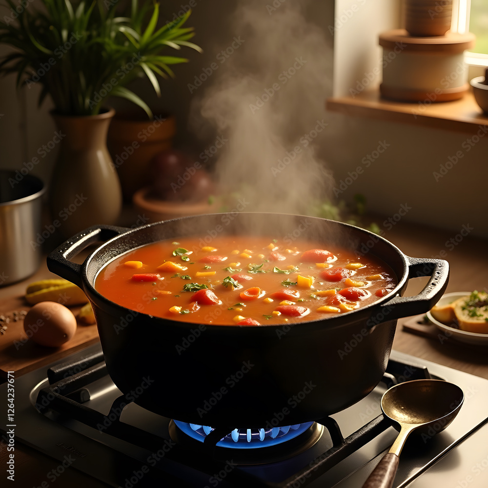This inviting food photography features a large cast-iron pot filled with a rich, simmering soup, its surface gently rippling with warmth as steam rises delicately into the air. Sitting atop a vintage This inviting food photography features a large cast-iron pot filled with a rich, simmering soup, its surface gently rippling with warmth as steam rises delicately into the air. Sitting atop a vintage