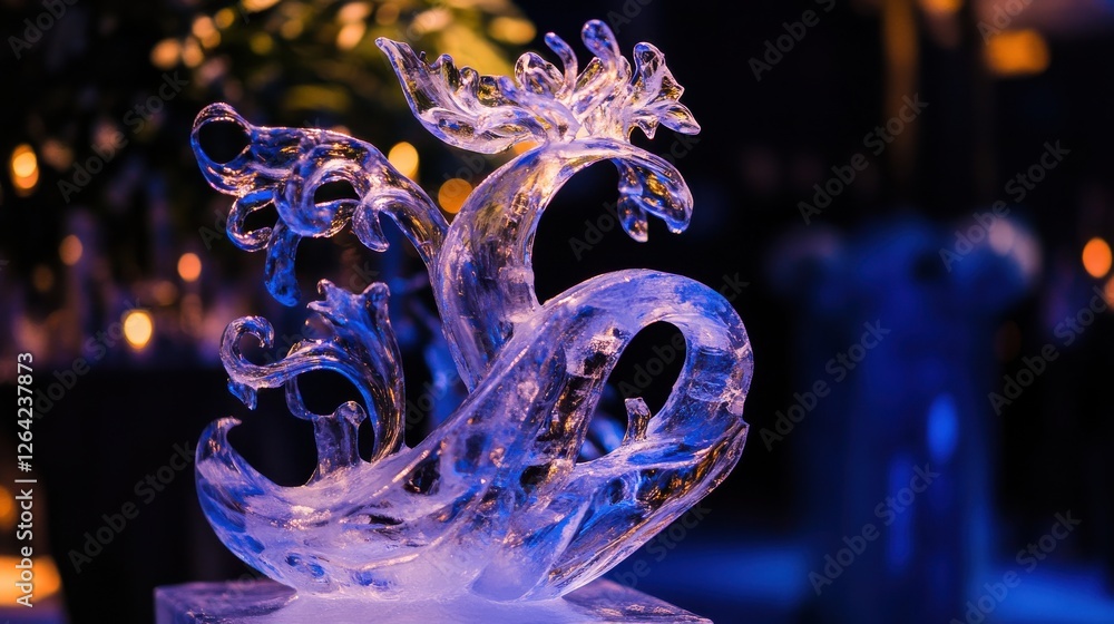 Obraz premium An elegant ice sculpture displayed at a formal event, featuring a detailed design with smooth, clear surfaces that catch the light. No logos visible on the sculpture.