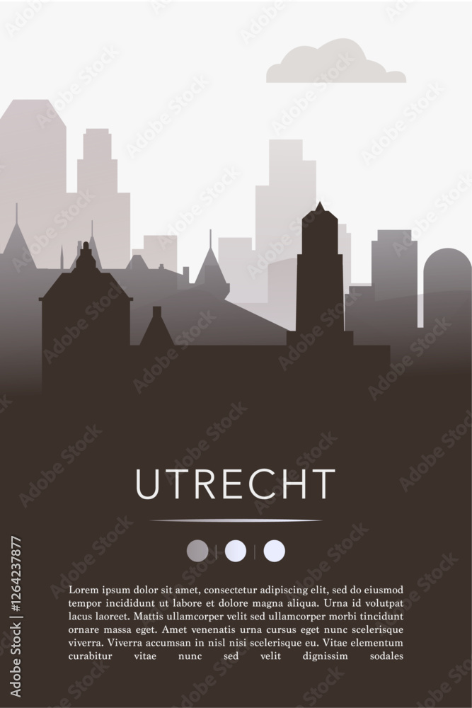 Naklejka premium Utrecht city template for website, presentation, front page, invitation, publication sheet with skyline, landmarks. Vector Netherlands image layout, simple and grayscale
