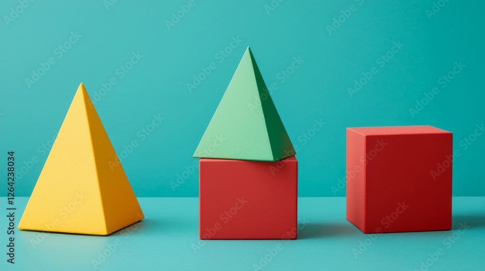 Geometric shapes: yellow pyramid, green pyramid on red cube, red cube on teal background. Ideal for design projects and presentations. Geometric shapes: yellow pyramid, green pyramid on red cube, red cube on teal background. Ideal for design projects and presentations.