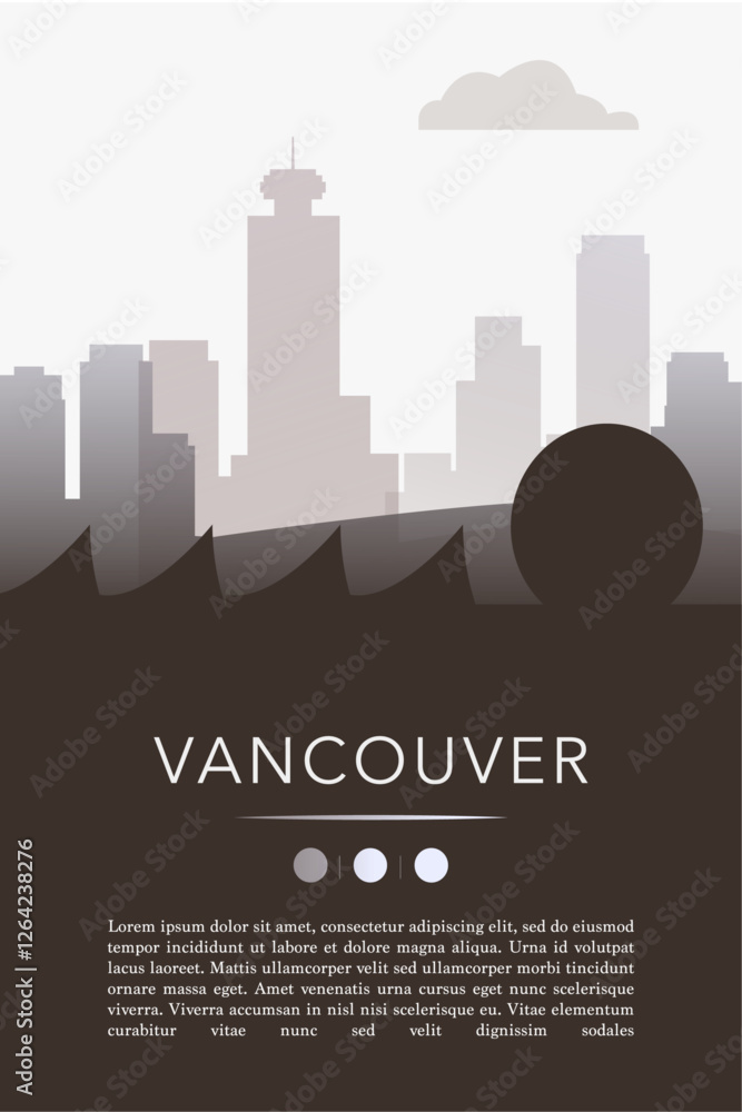 Naklejka premium Vancouver city template for website, presentation, front page, invitation, publication sheet with skyline, landmarks. Vector Canada, British Columbia image layout, simple and grayscale