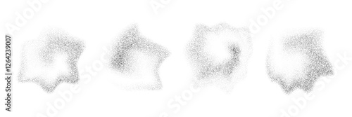Fluid dotted gradient drop shapes. Grainy spray spots and stains. Black stippled liquid object set. Noise splashes and splatters forms. Dissolve sand dust texture. Vector fading halfton elements