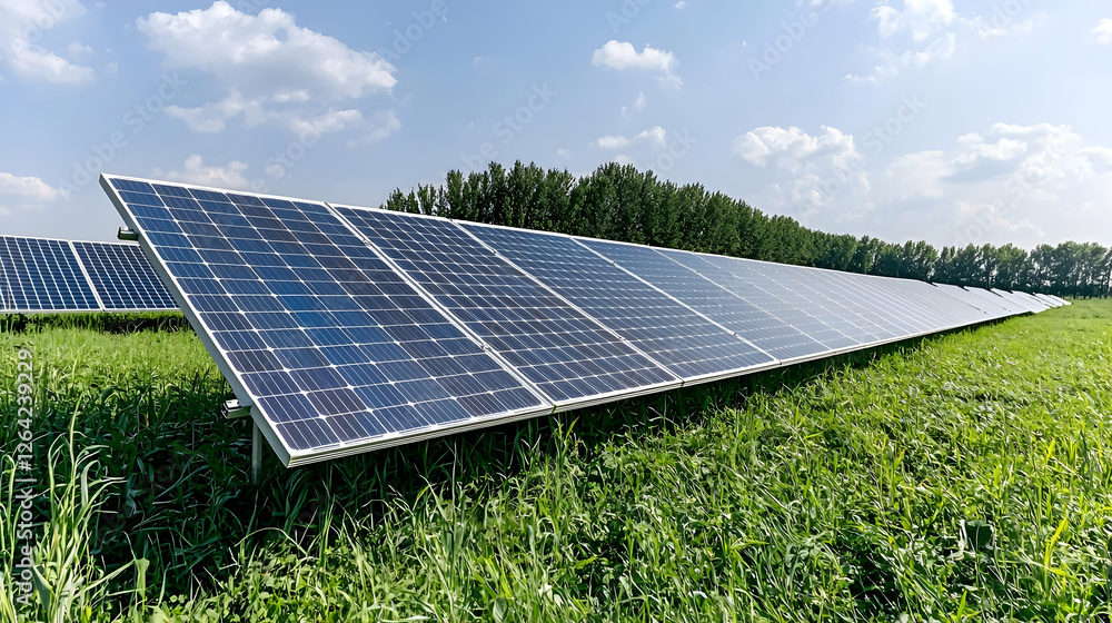 Solar panels in grassy field, energy production, sunny day, renewable energy Solar panels in grassy field, energy production, sunny day, renewable energy
