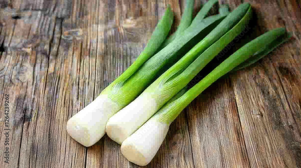 Fresh green onions on rustic wooden table, showcasing vibrant colors and natural textures Fresh green onions on rustic wooden table, showcasing vibrant colors and natural textures