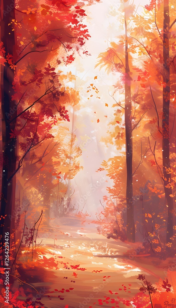 Fototapeta premium A tranquil autumn forest filled with vibrant red and orange foliage, soft mist lingering in the air, and golden sunlight streaming through the trees, creating a serene cinematic landscape
