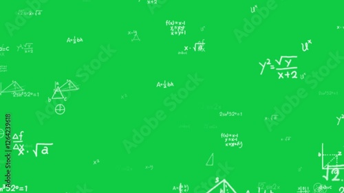 Flying math formula equations in the chroma key, animation of math and physics formulas, illustration of calculation fast thinking movement on green screen background.