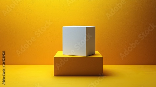 Minimalist display of a white cube on a vibrant yellow background, emphasizing simplicity and design