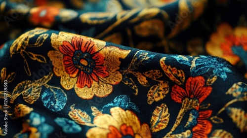 Vibrant close up of patterned fabrics with floral designs showcasing rich textures and colors for creative projects. Generative AI