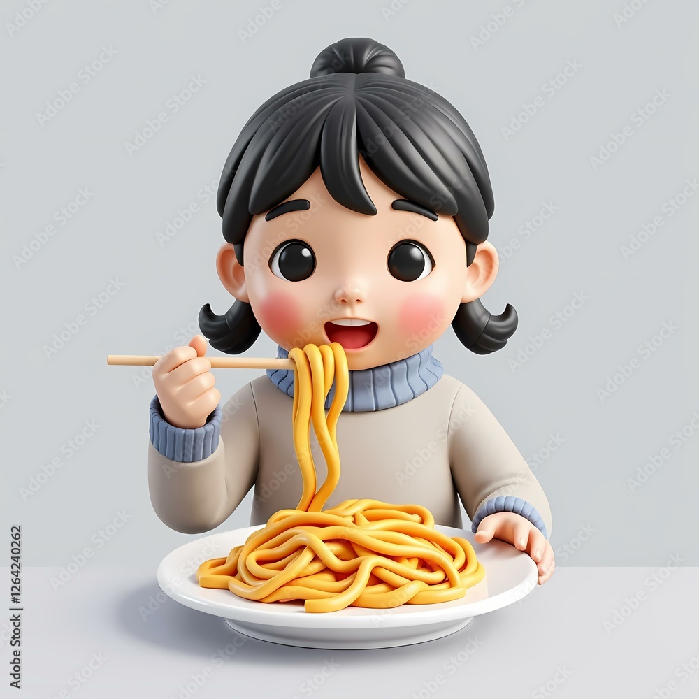 A girl eating noodles with chopsticks. A girl eating noodles with chopsticks.