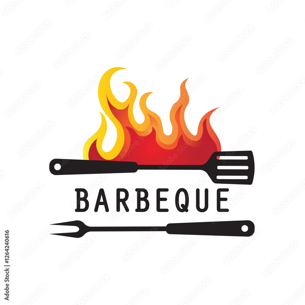 Barbeque logo design. Grill symbol with fire, spatula, and fork concept. Vintage BBQ badge vector Barbeque logo design. Grill symbol with fire, spatula, and fork concept. Vintage BBQ badge vector