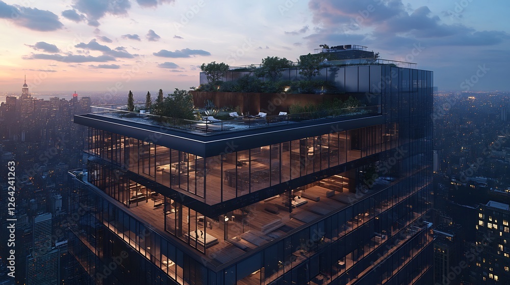 Fototapeta premium Modern Glass Penthouse: Twilight Cityscape Rooftop Oasis