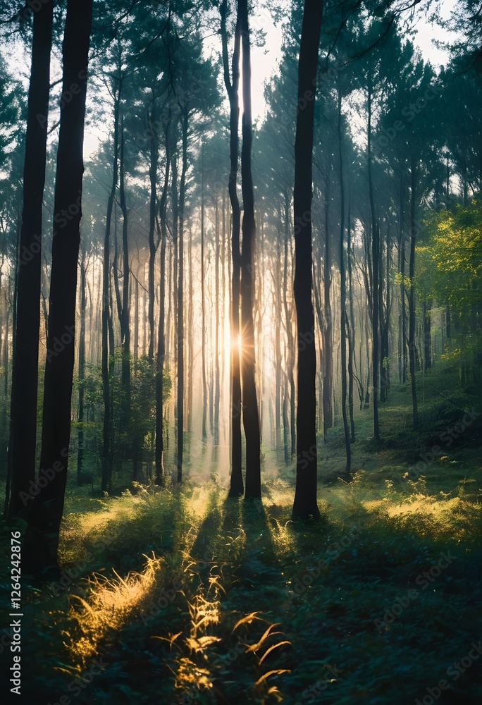 Naklejka premium Sunrise in a Dense Forest