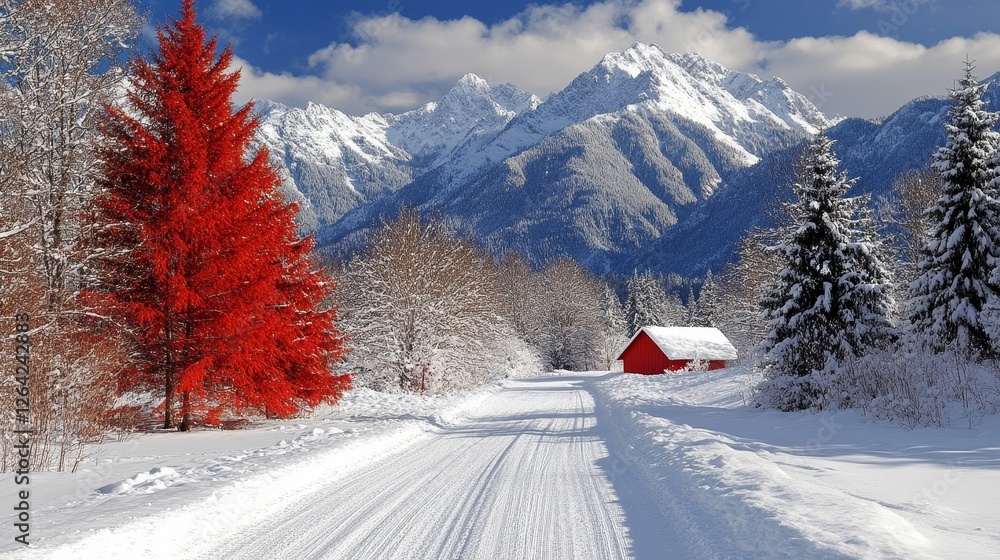 Fototapeta premium Winter Landscape with Red Accent Snow-Covered Trees and Cabin under Mountain Peaks Captivating Natural Beauty