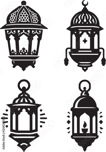 set of islamic lantern logo silhouette design vector art illustration