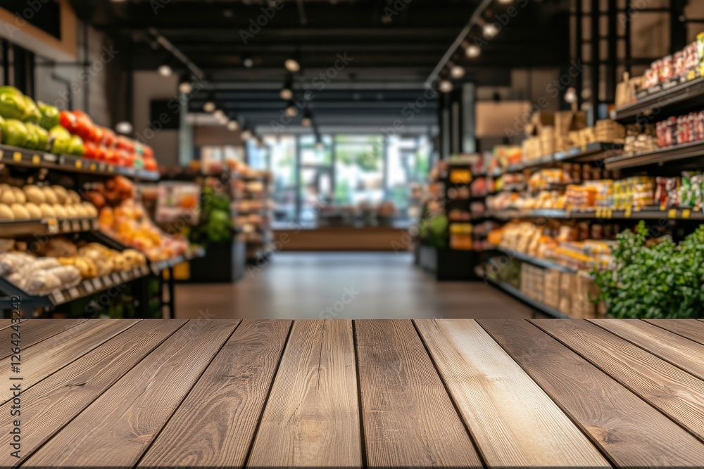 Modern Grocery Store Interior with Fresh Produce and Natural Lighting on Wooden Table Modern Grocery Store Interior with Fresh Produce and Natural Lighting on Wooden Table