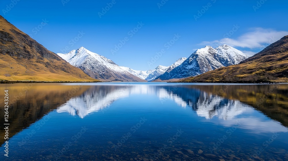 Fototapeta premium Snow Capped Mountains Reflected In Calm Blue Lake