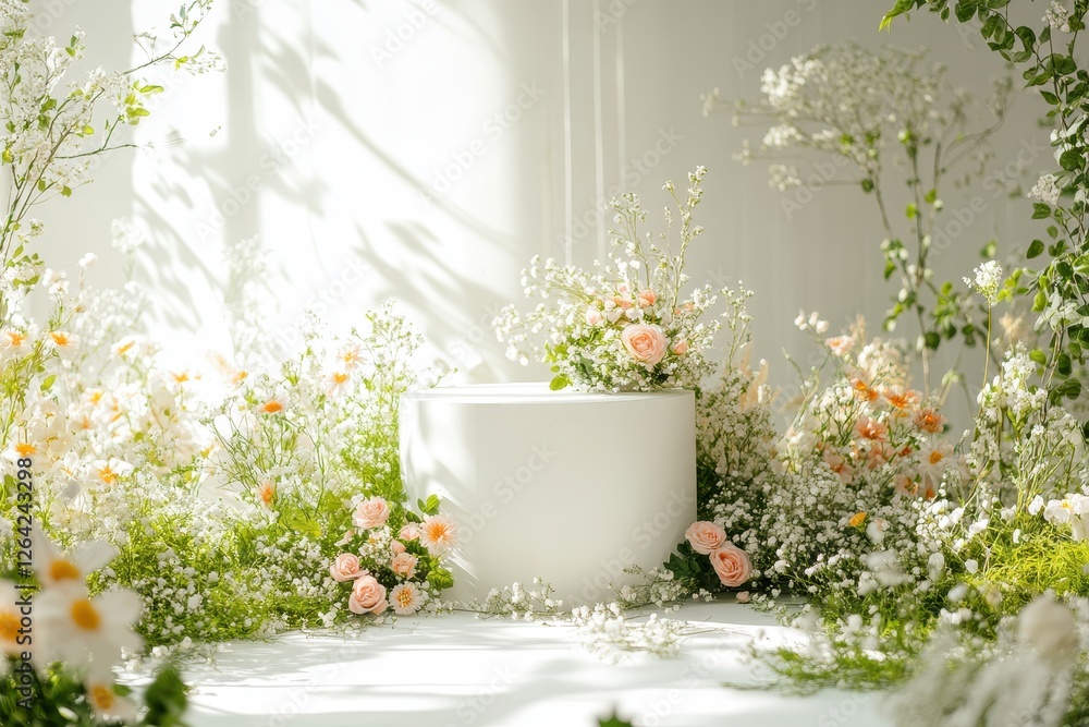 White cylinder sits amidst lush blooms. Perfect for product displays or wedding themes. White cylinder sits amidst lush blooms. Perfect for product displays or wedding themes.