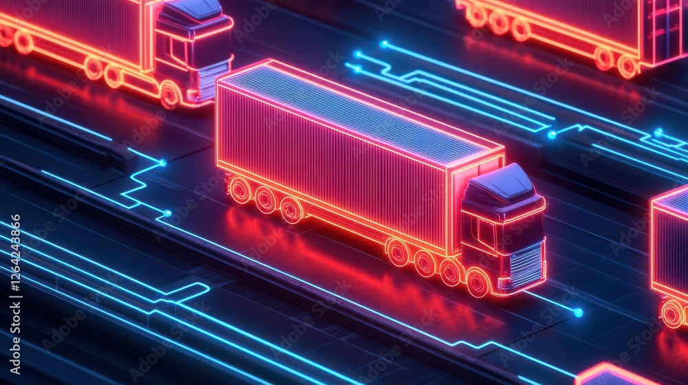Obraz premium Neon-style logistics concept with truck and warehouse connections