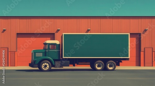 Vintage-style logistics truck with warehouse illustration in retro theme photo