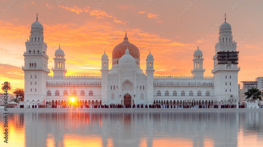 Naklejka premium Majestic Mosque Sunset Islamic Architecture Golden Hour Reflection Travel