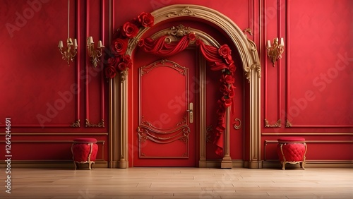 Room Door banner with empty space Without Text, Red luxury background, holiday banner poster background for advertisement ads